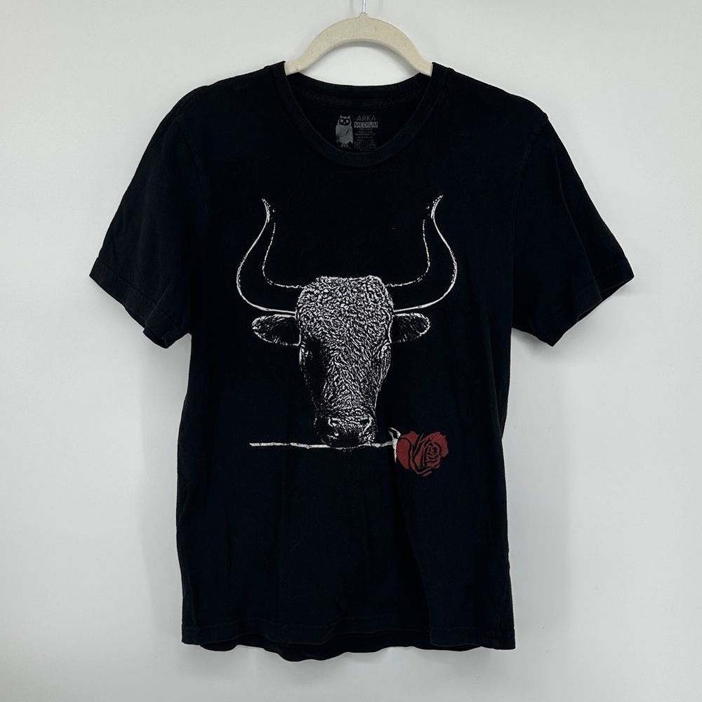 Black 100%Cotton Streetwear‎ Edgy Rock Boho Graphic T-Shirt with Bull Design SzM